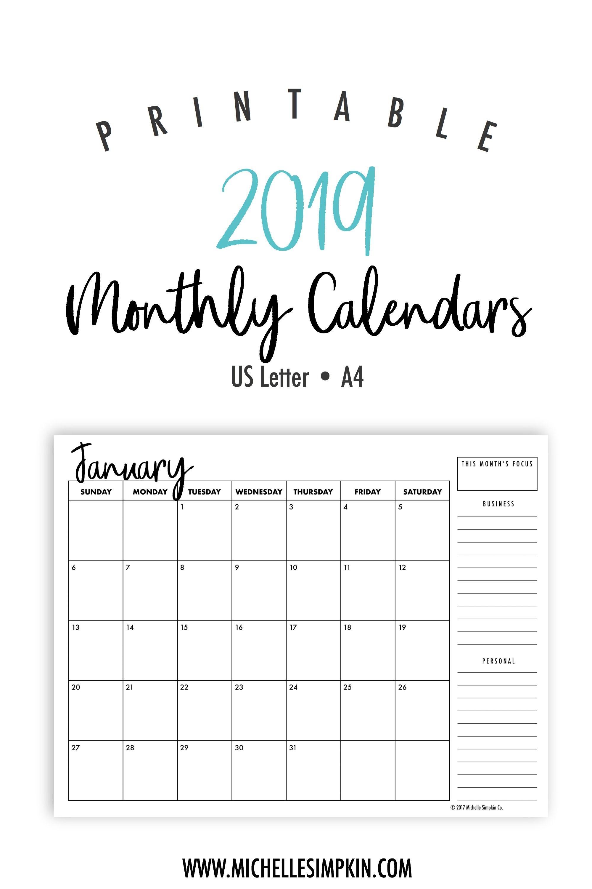 2019 Calendar Printable A4 Qualads