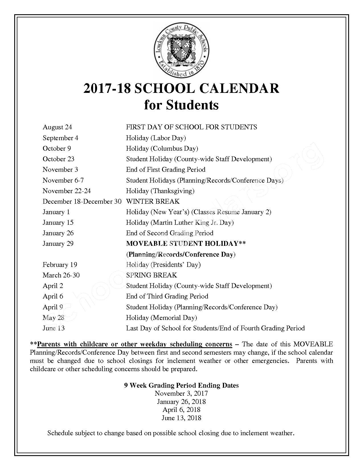 Loudoun County School Calendar Qualads