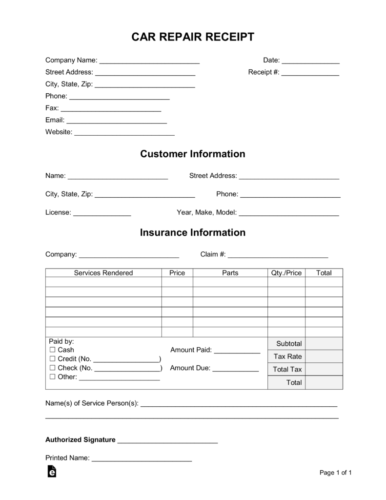 Auto Repair Receipt Template Qualads