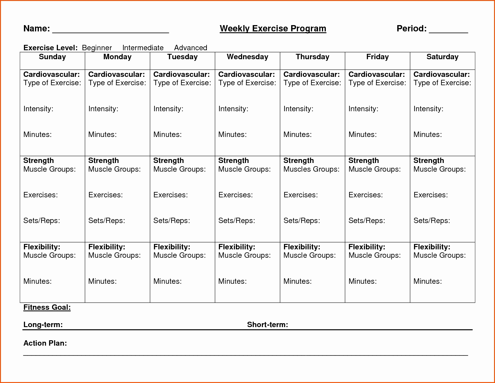 Weekly Exercise Plan Template Qualads