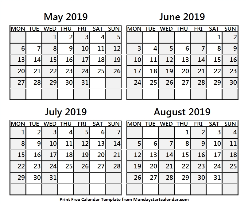 May To August 2019 Four Month Calendar Qualads