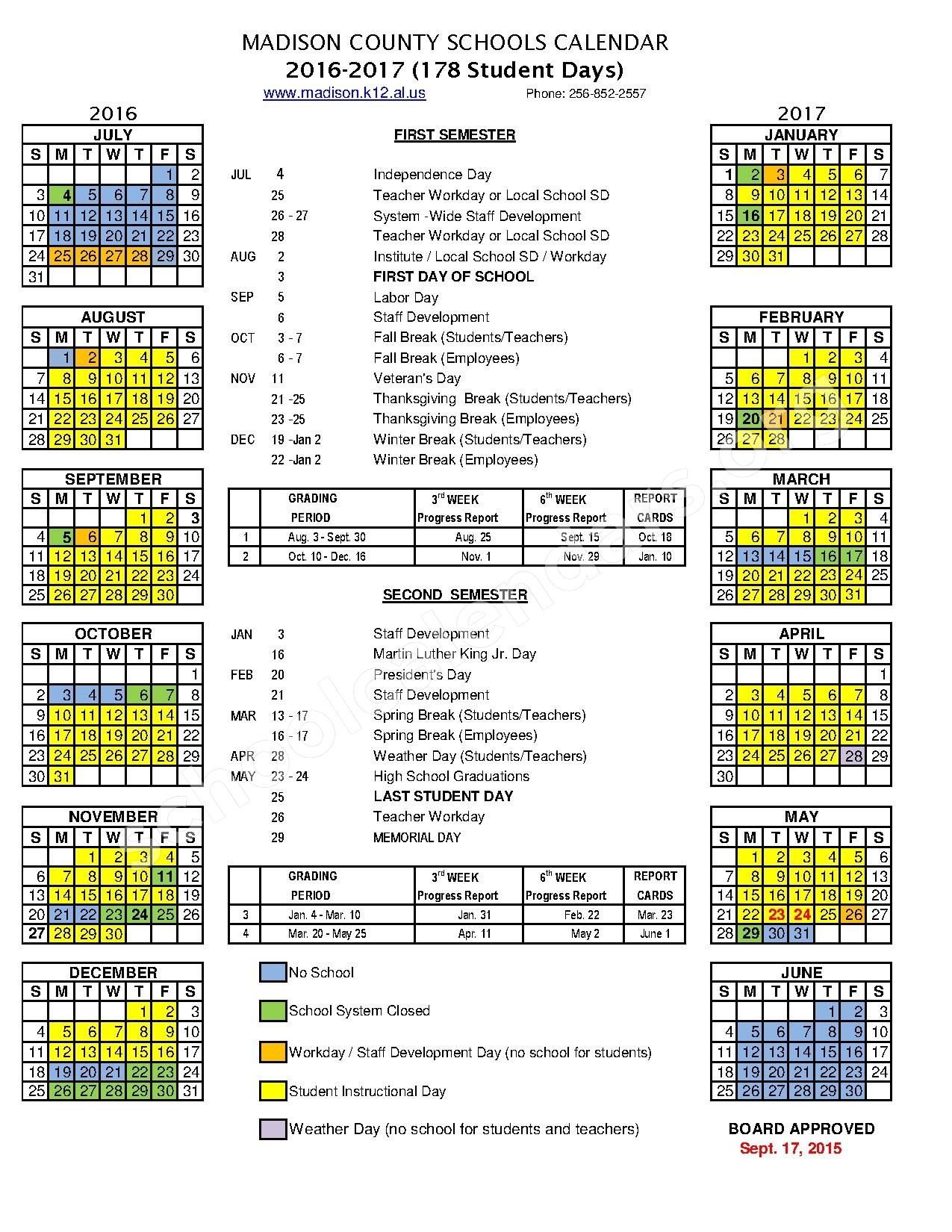 2016 2017 School Calendar Madison County Schools Huntsville Al 