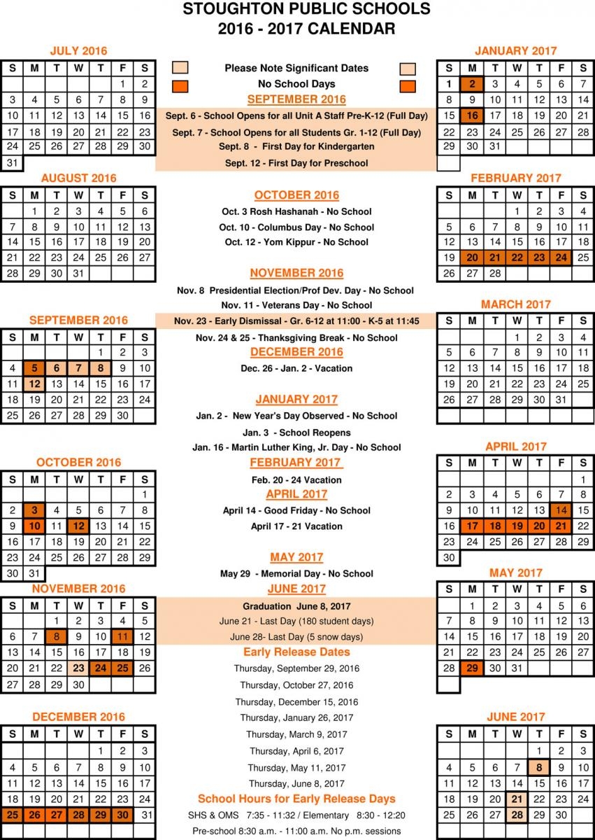 2016 2017 School Calendar Stoughton Public Schools