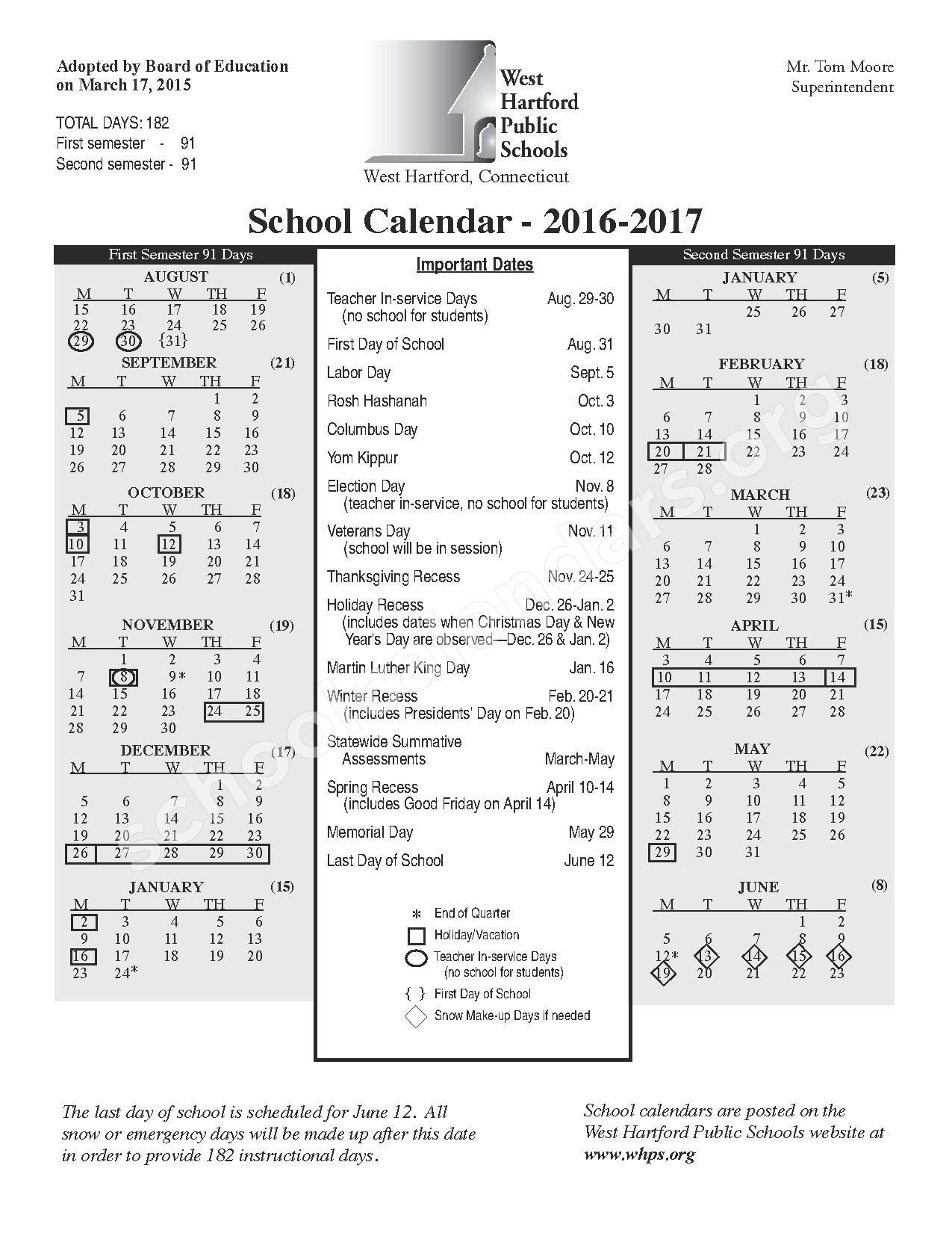 2016 2017 School Calendar West Hartford Public Schools West 