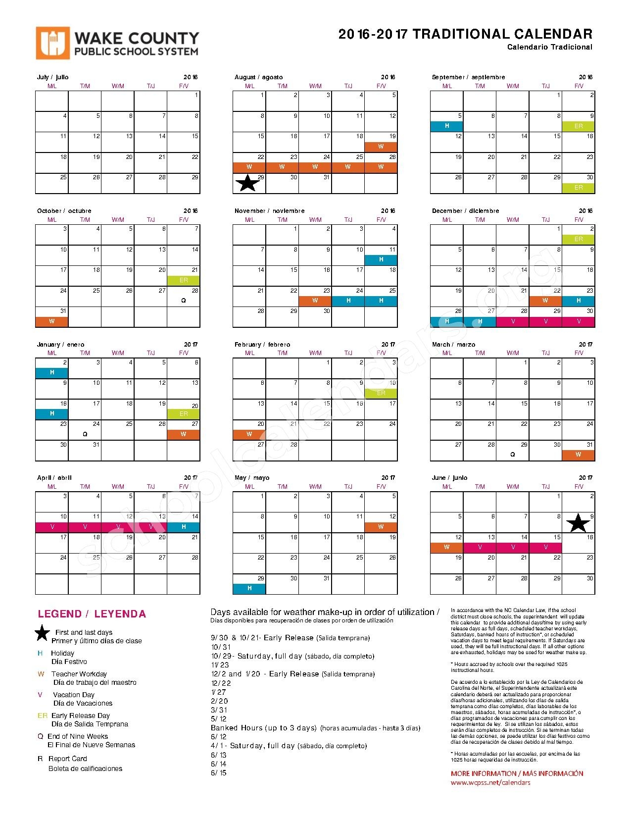 2016 2017 Traditional Calendar Wake County Public School System