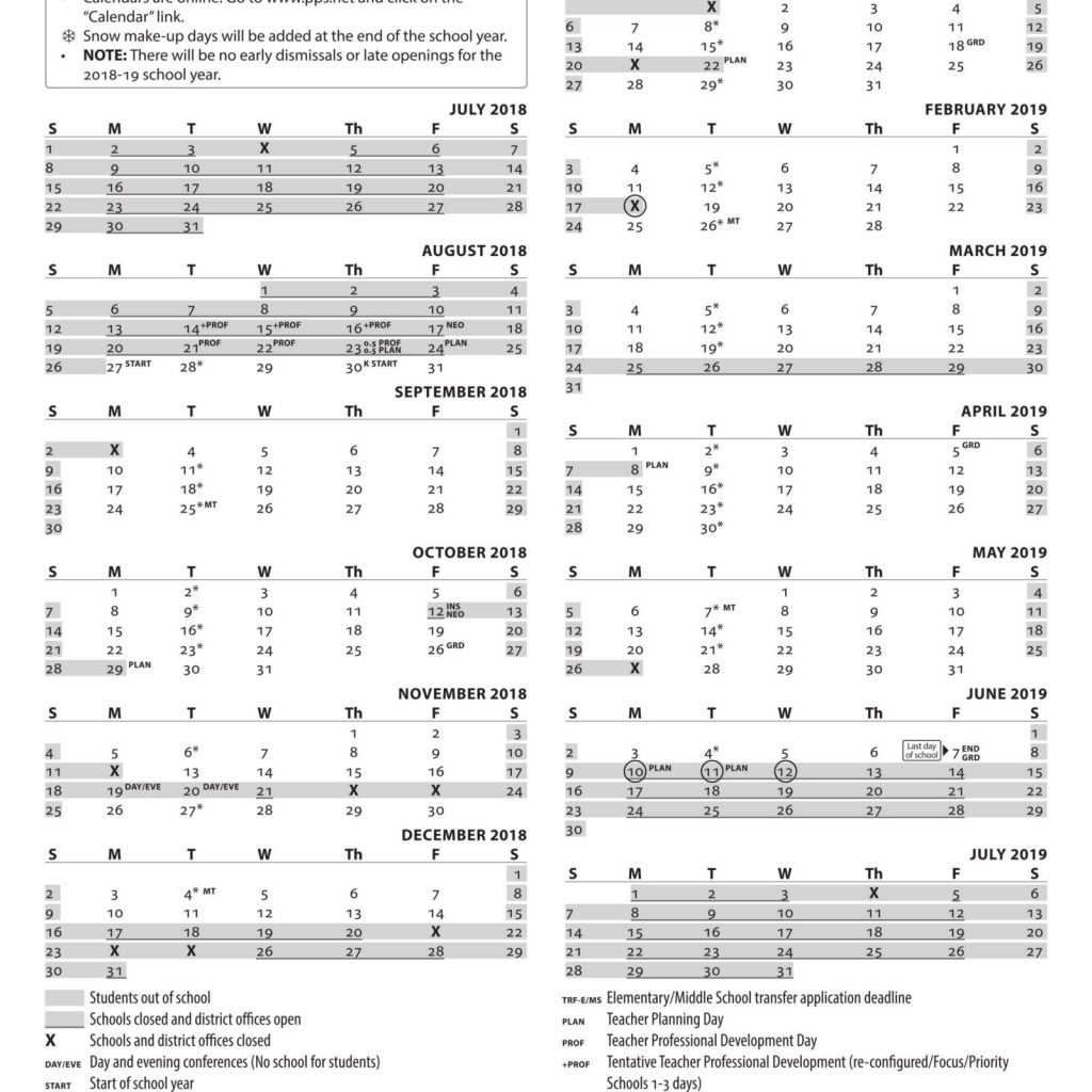 2018 School District Calendar Portland Public Schools