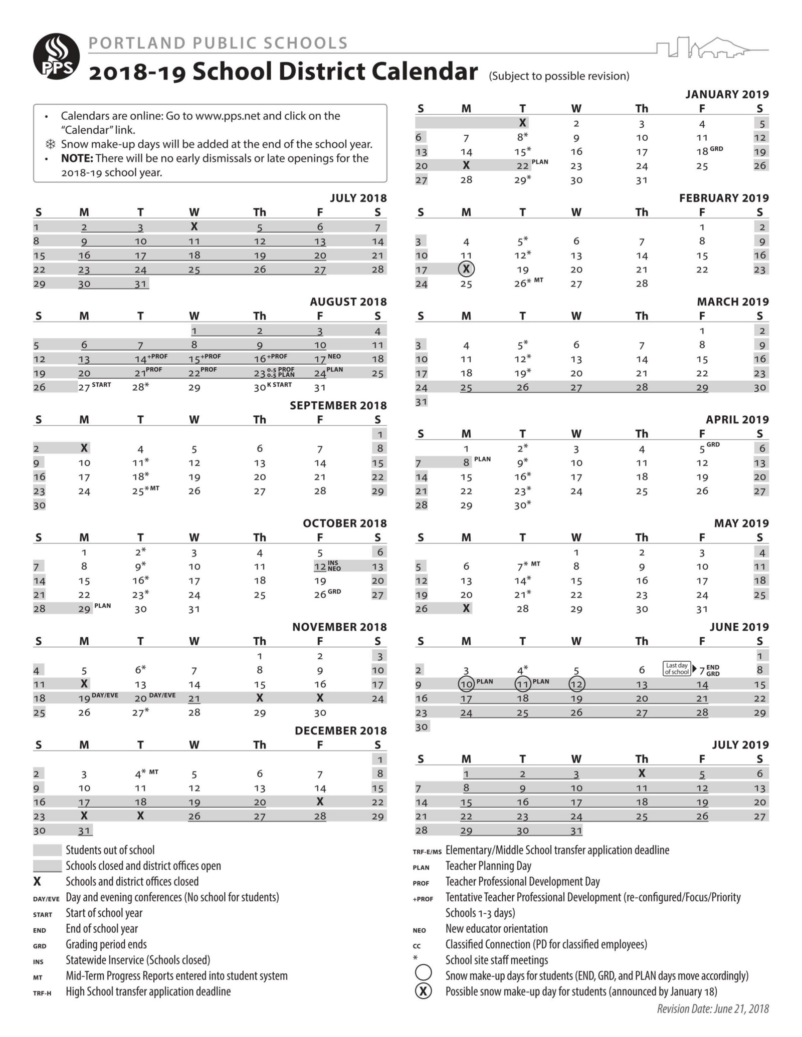 2018 School District Calendar Portland Public Schools