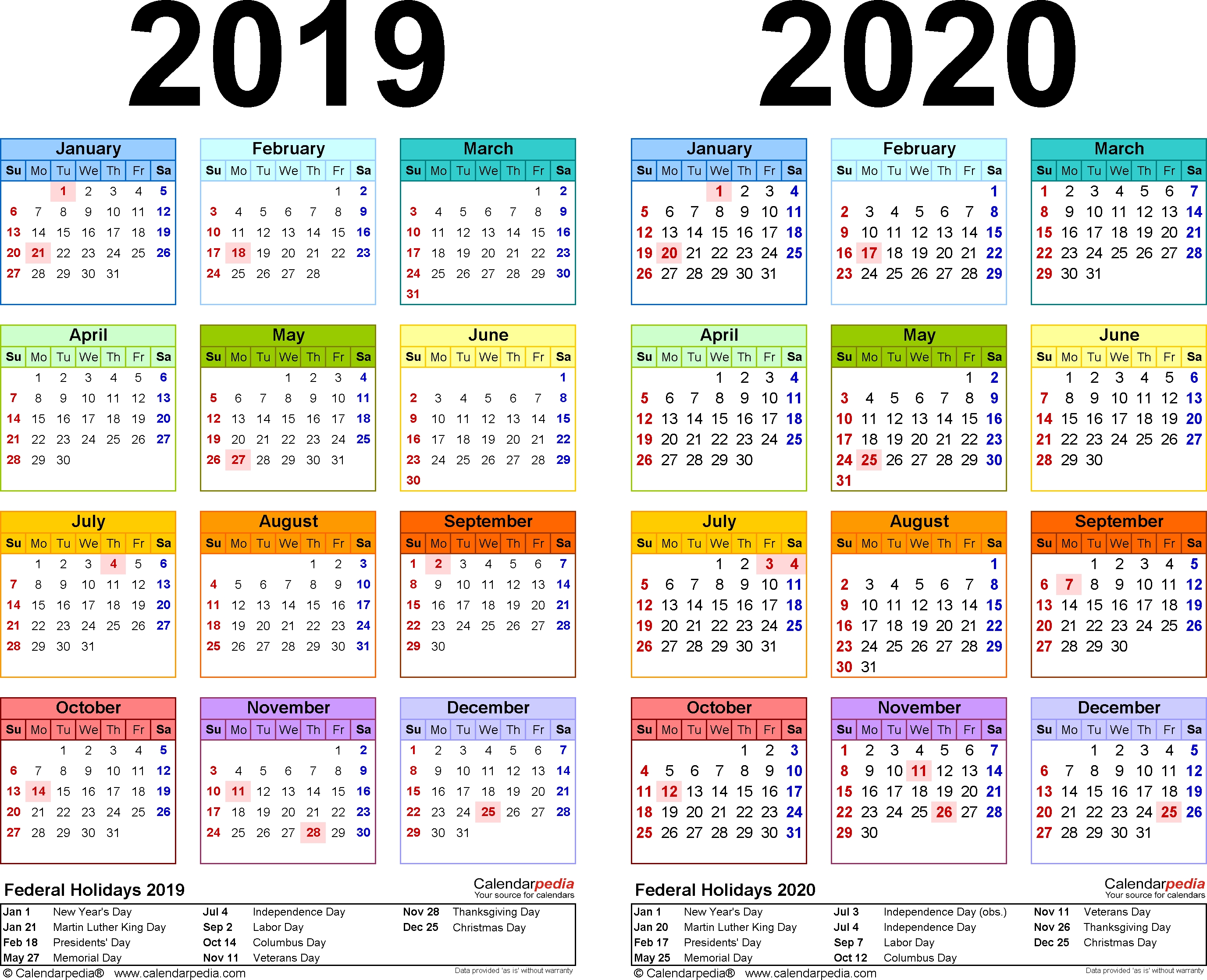 2019 2020 Calendar Free Printable Two Year Pdf Calendars