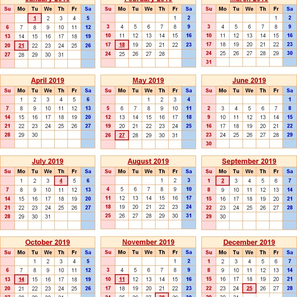 2019 Calendar With Federal Holidays Excelpdfword Templates