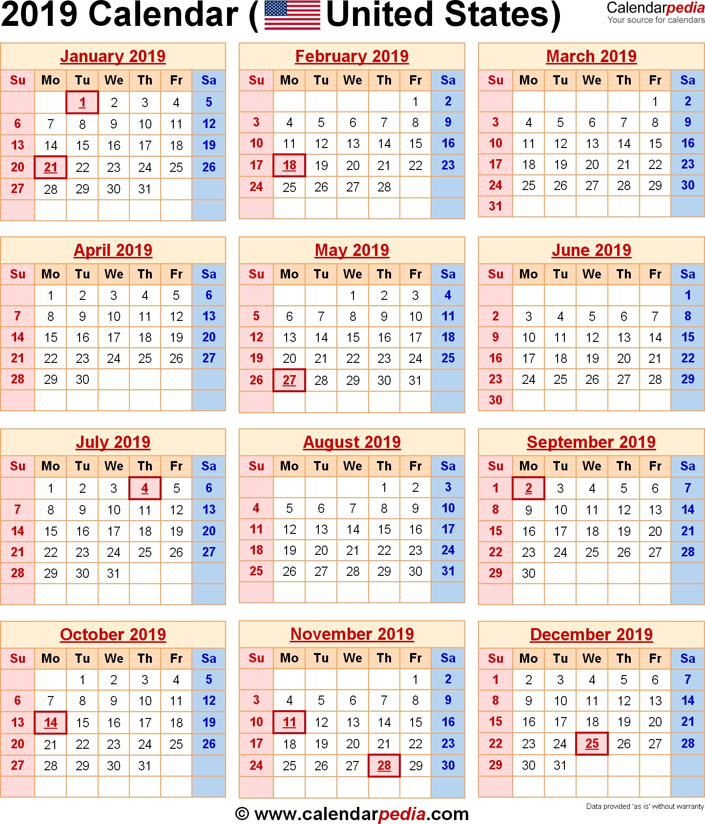 2019 Calendar With Federal Holidays Excelpdfword Templates