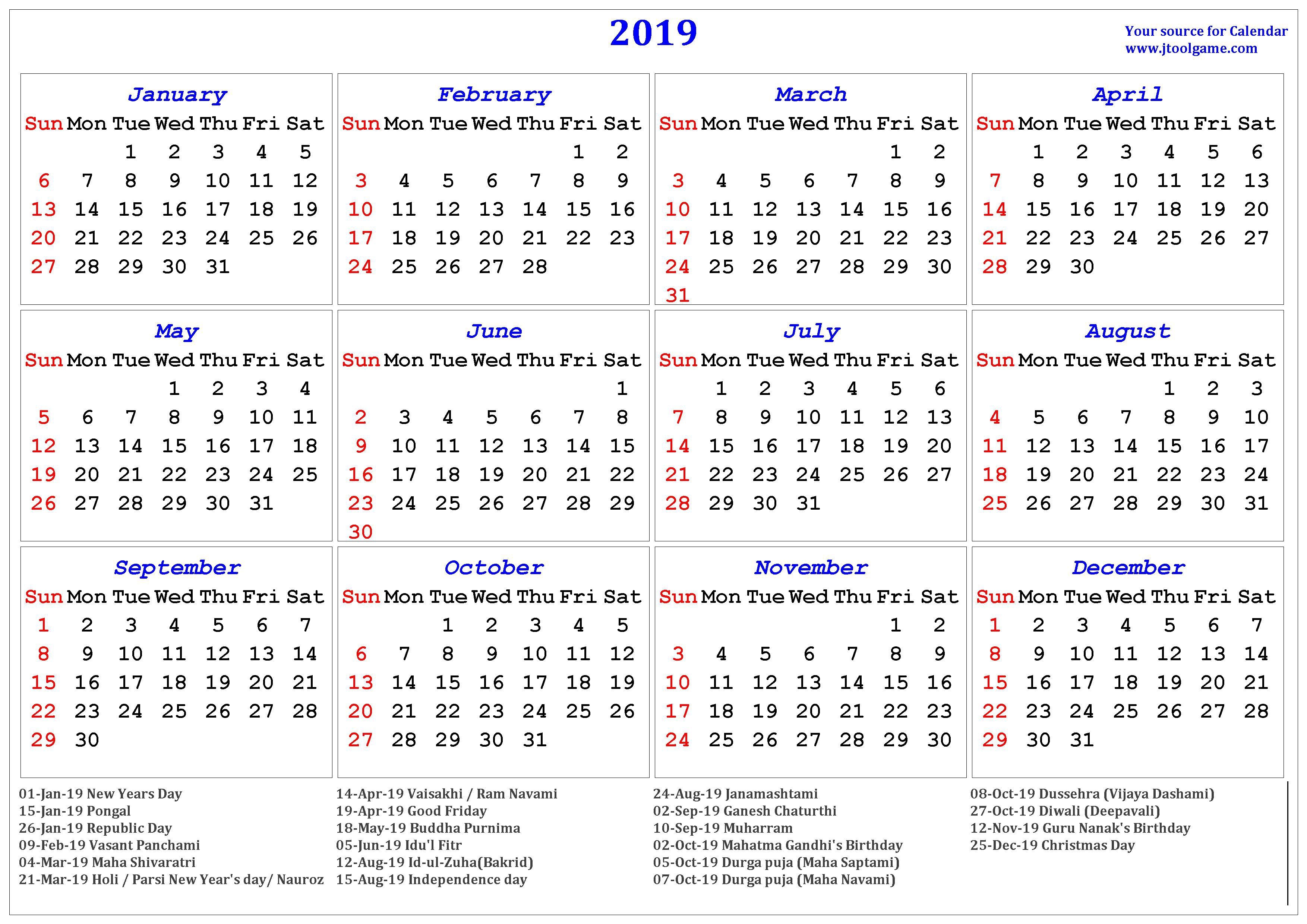 2019 Hindu Calendar With Tithi Tyohar Holidays Festivals 