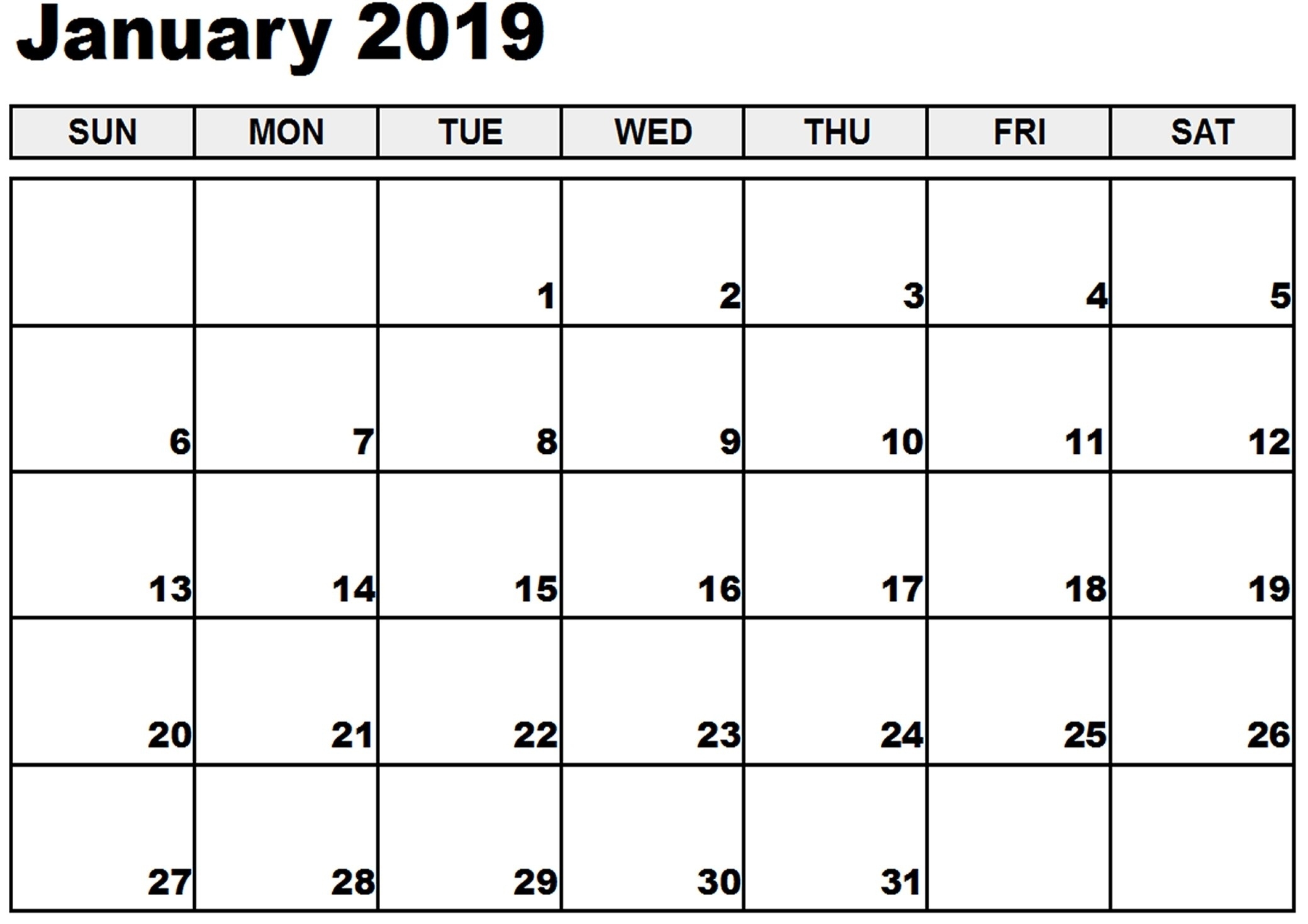 2019 January Calendar Excel Free Calendar Templates Worksheets 