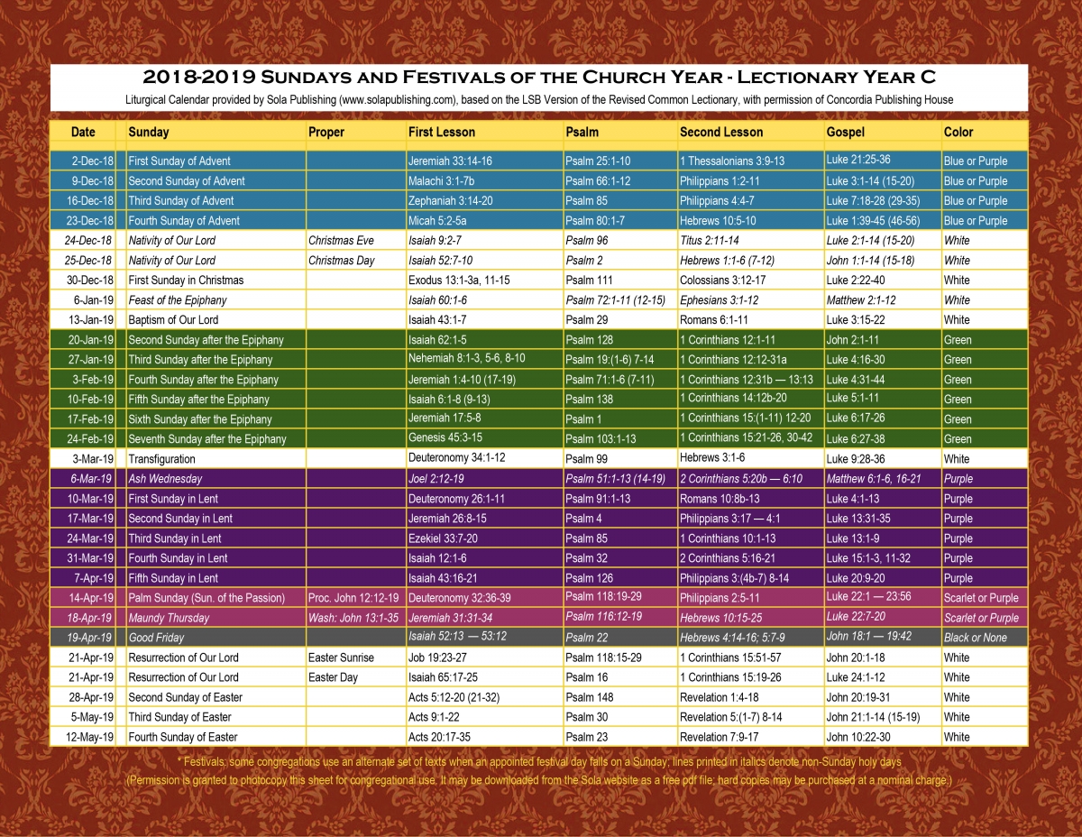 2019 Liturgical Calendar Year C K 2019 Sola Publishing