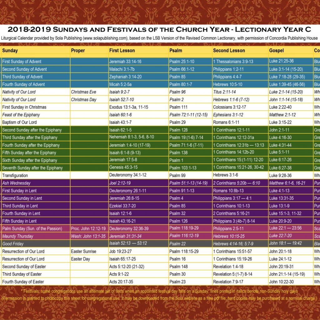 2019 Liturgical Calendar Year C K 2019 Sola Publishing