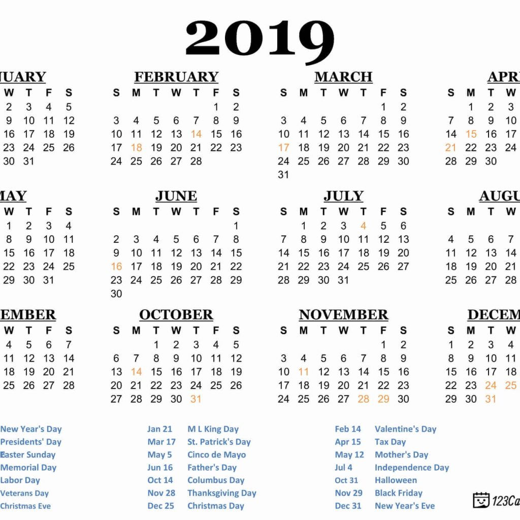 2019 Printable Calendar 123calendars