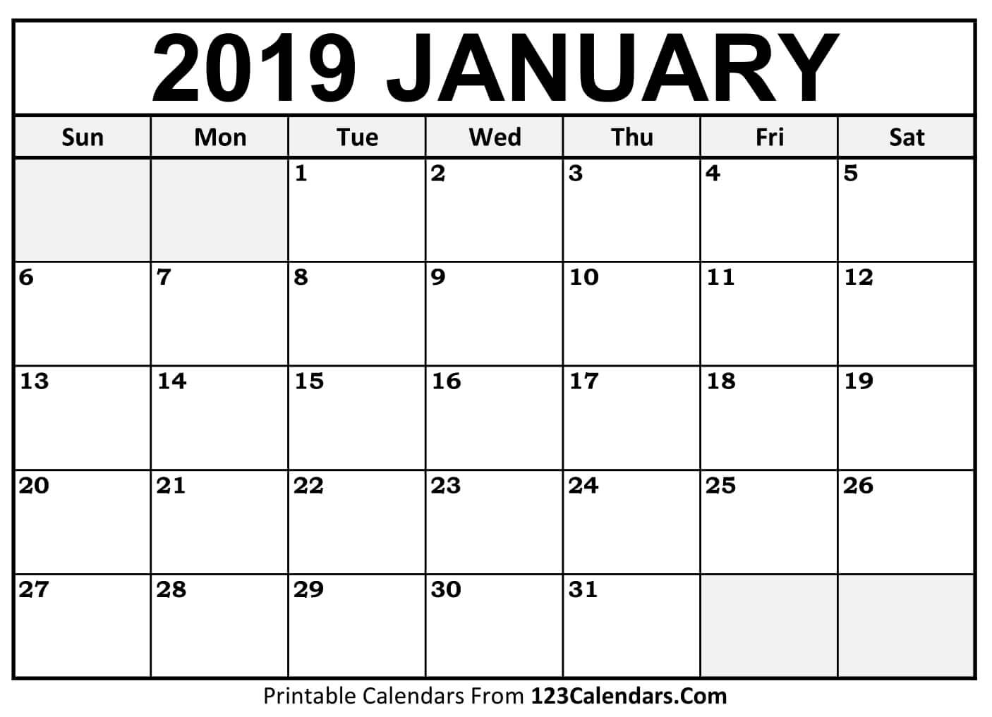 2019 Printable Calendar 123calendars 