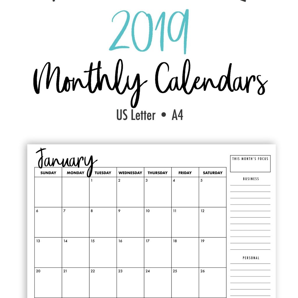 2019 Printable Monthly Calendars Landscape Us Letter A4