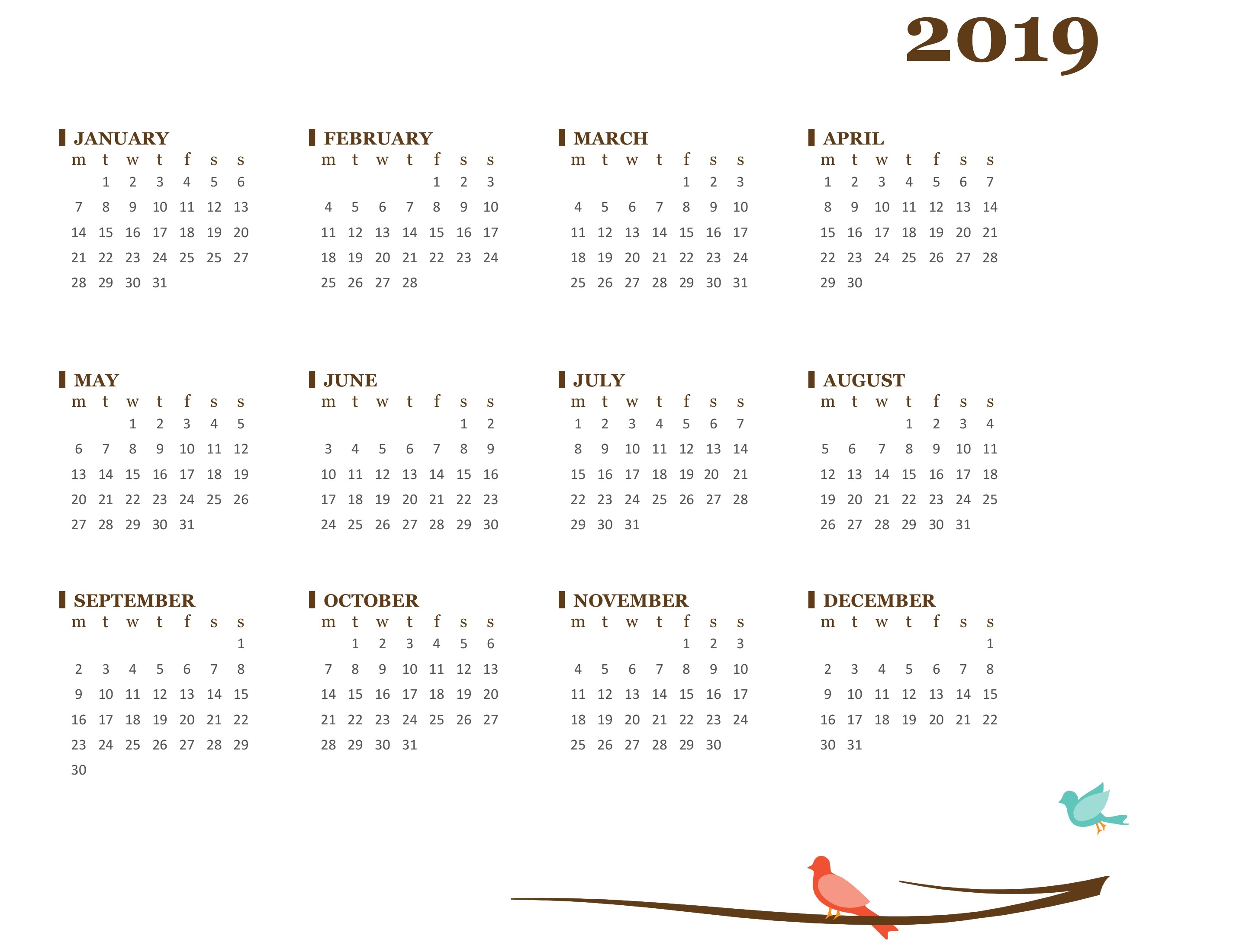 2019 Yearly Calendar Mon Sun