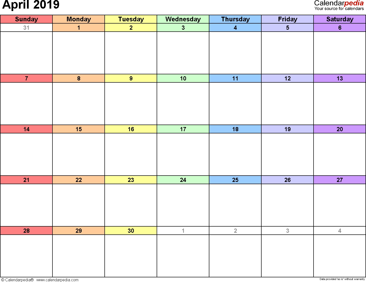 April 2019 Calendars For Word Excel Pdf 