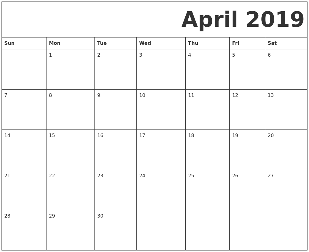 April 2019 Free Printable Calendar 