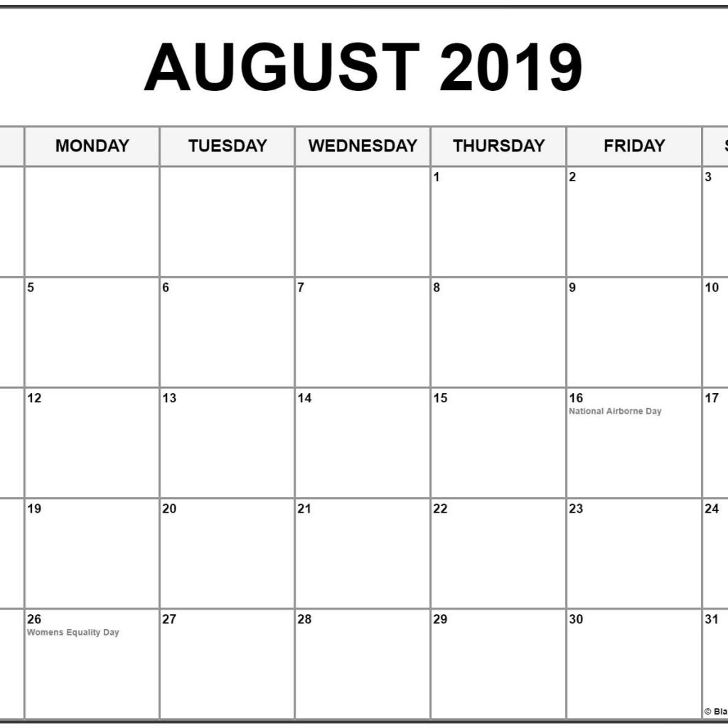 August 2019 Calendar With Holidays Printable Calendar