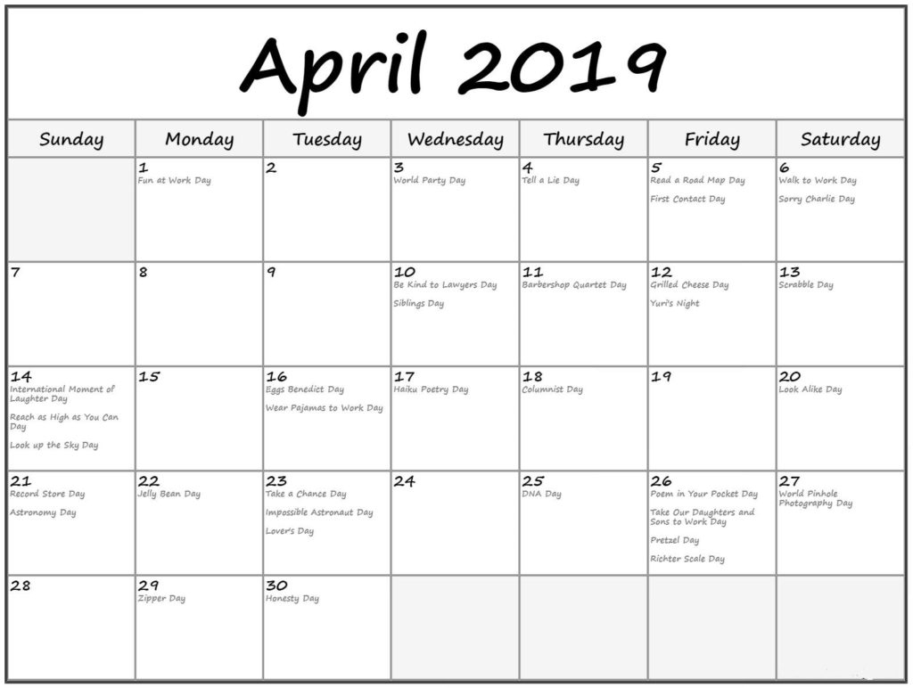 Best April Calendar Holidays Download 2019 Printable Calendar