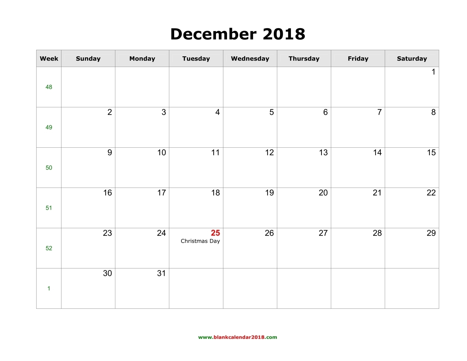 Blank Calendar For December 2018