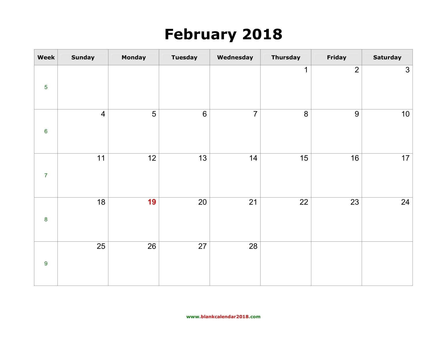 Blank Calendar For February 2018