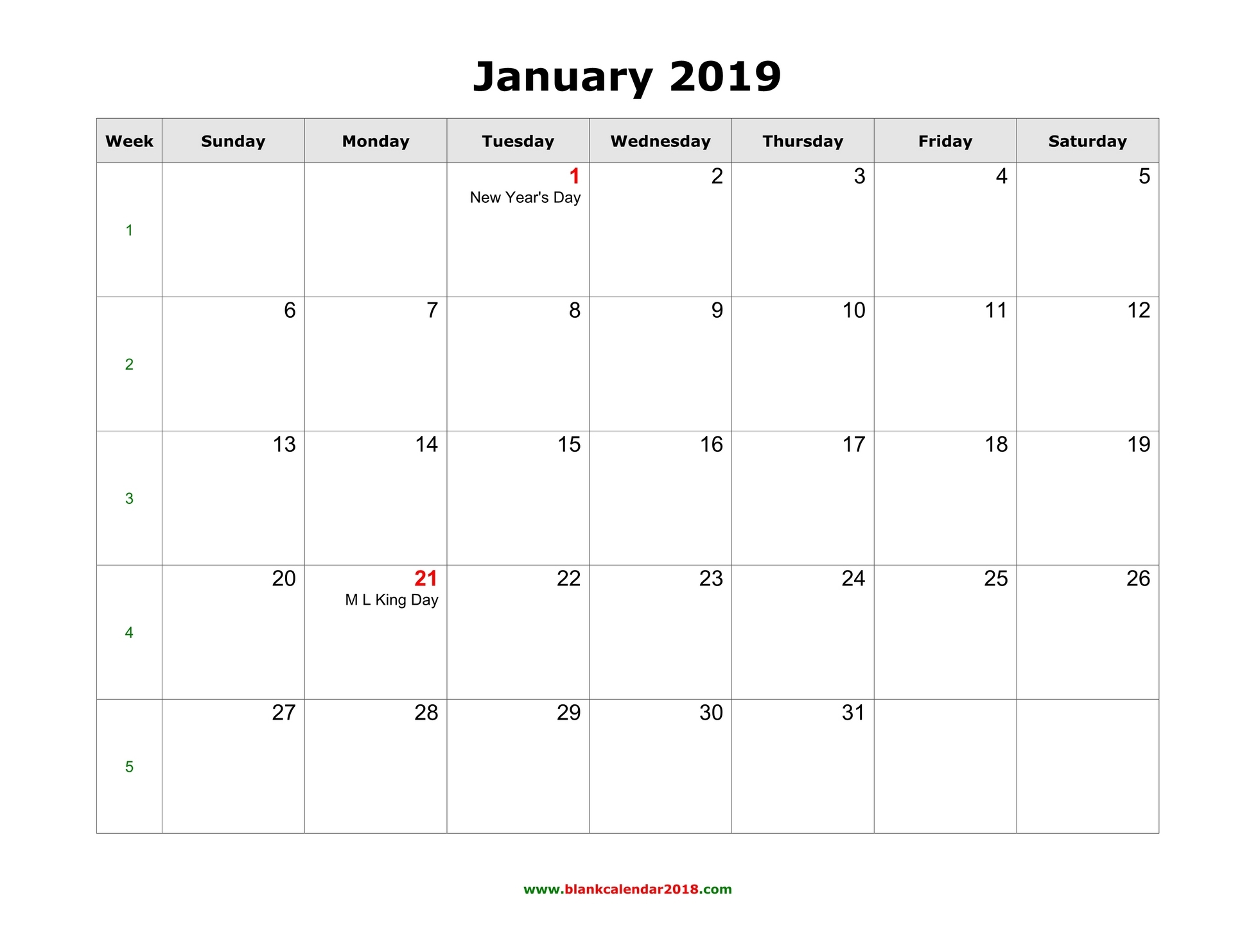 Blank Calendar For January 2019 