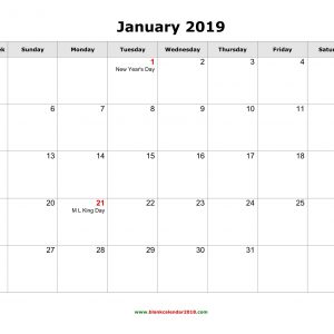 Blank Calendar For January 2019