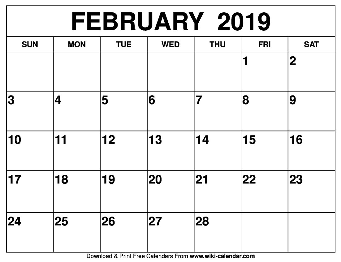 Blank February 2019 Calendar Printable 