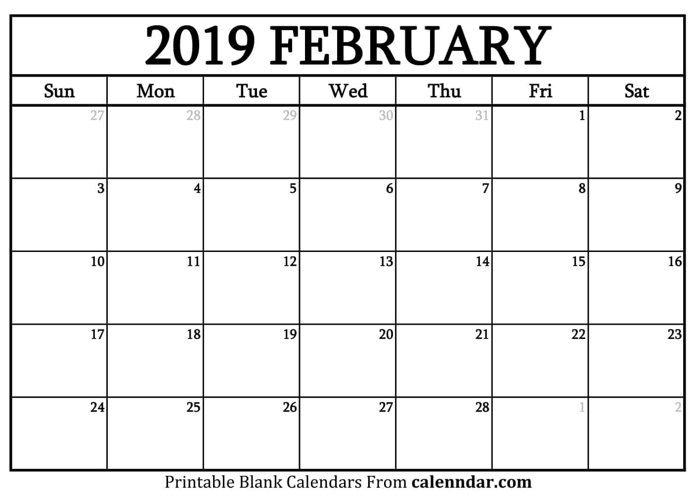 Blank February 2019 Calendar Templates Calenndar