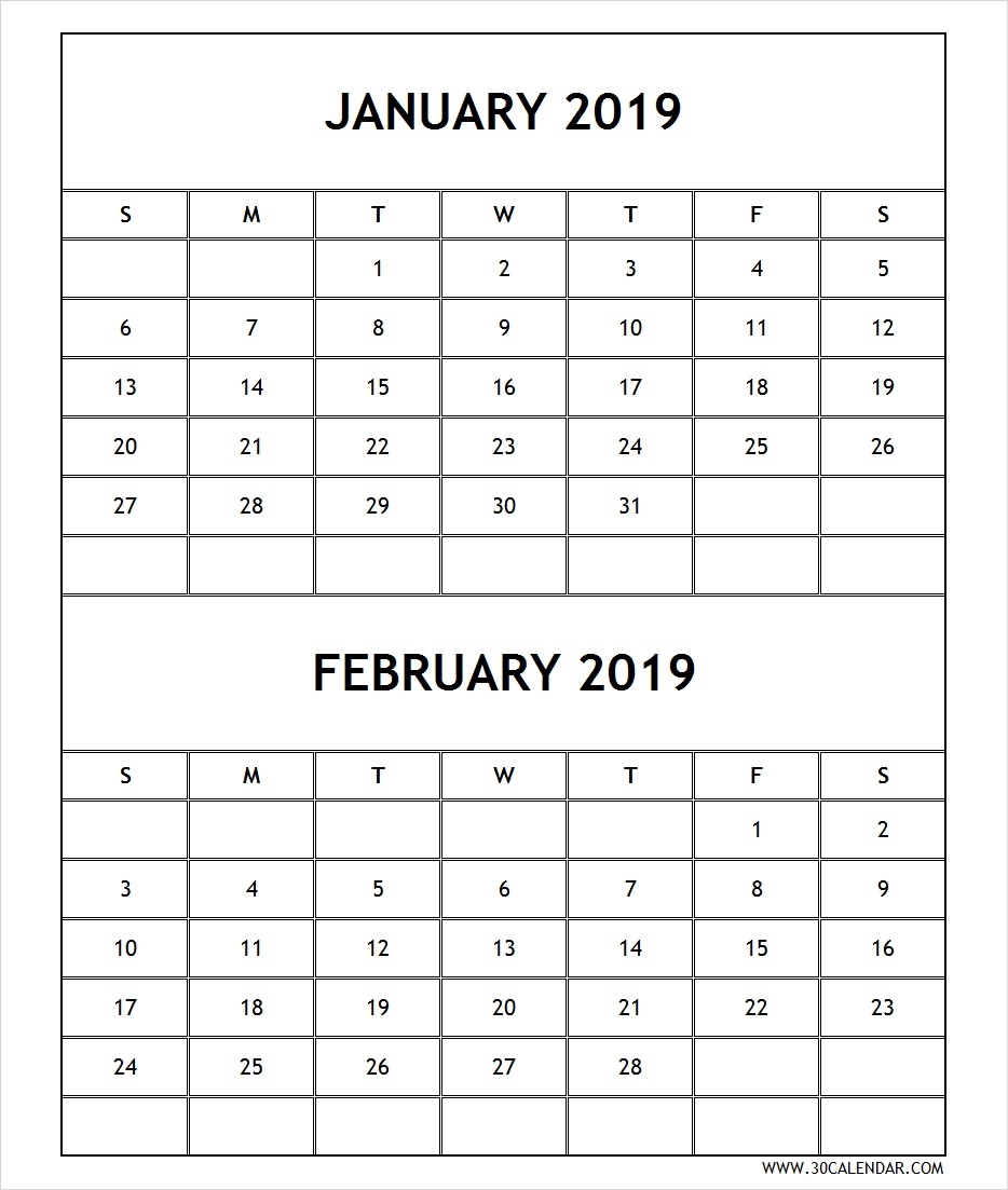 Calendar 2019 January February Printable Free 30 Day Calendar