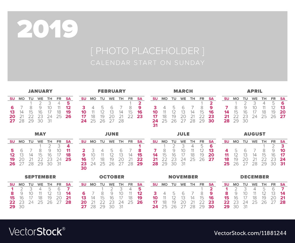 Calendar 2019 Year Design Template Royalty Free Vector Image 