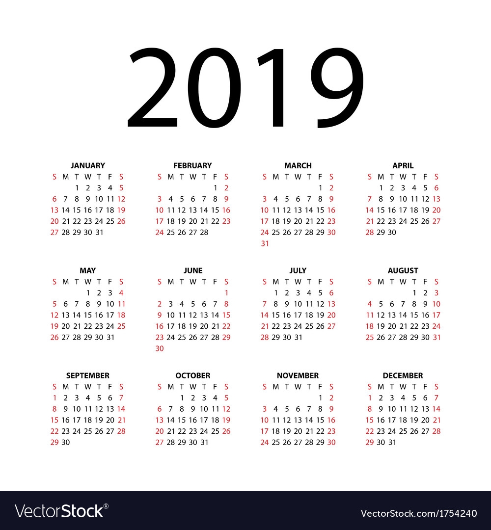 Calendar For 2019 Royalty Free Vector Image Vectorstock 