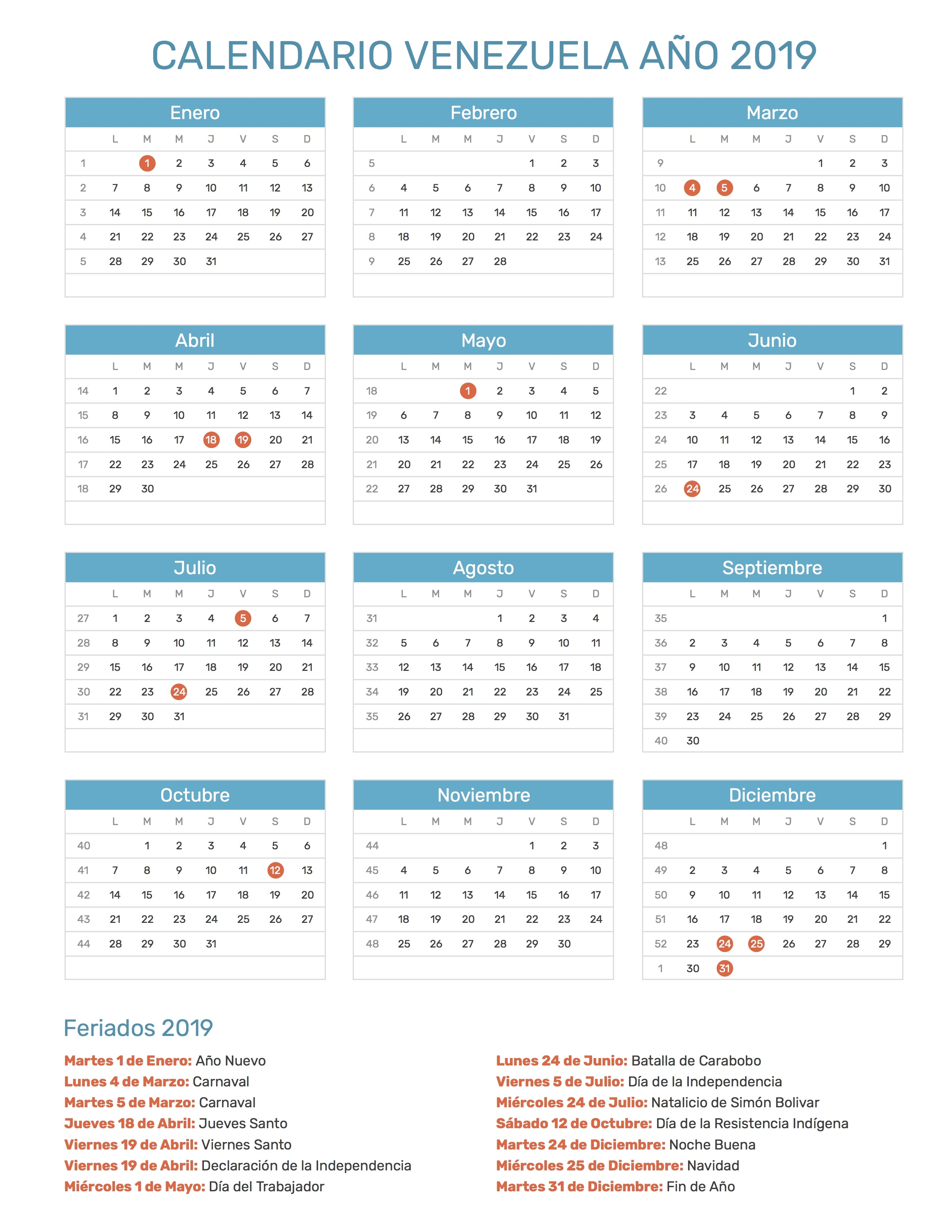 Calendario Venezuela Ao 2019 Feriados