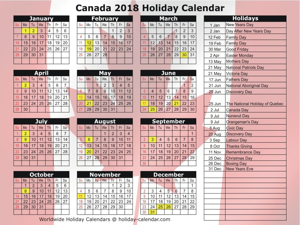 2019 Calendar Canada Holidays Qualads