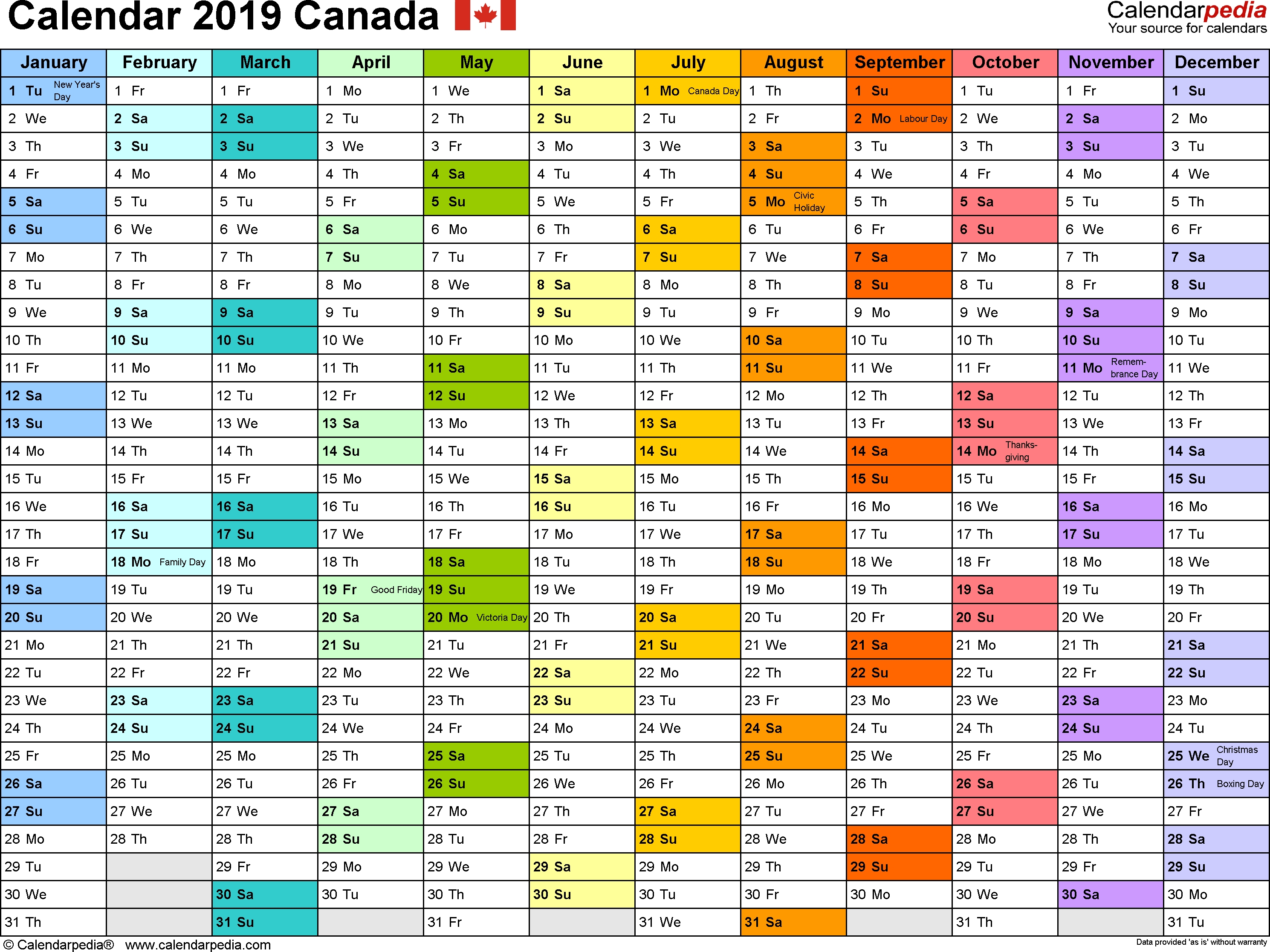 Canada Calendar 2019 Free Printable Excel Templates