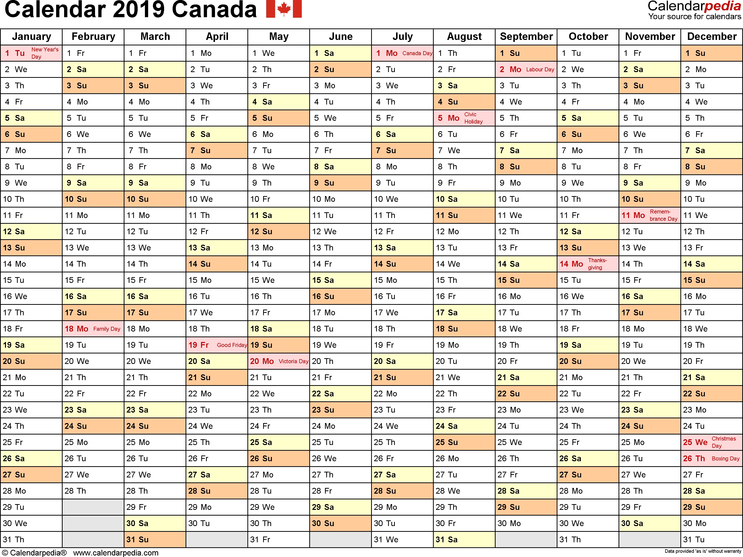 Canada Calendar 2019 Free Printable Pdf Templates