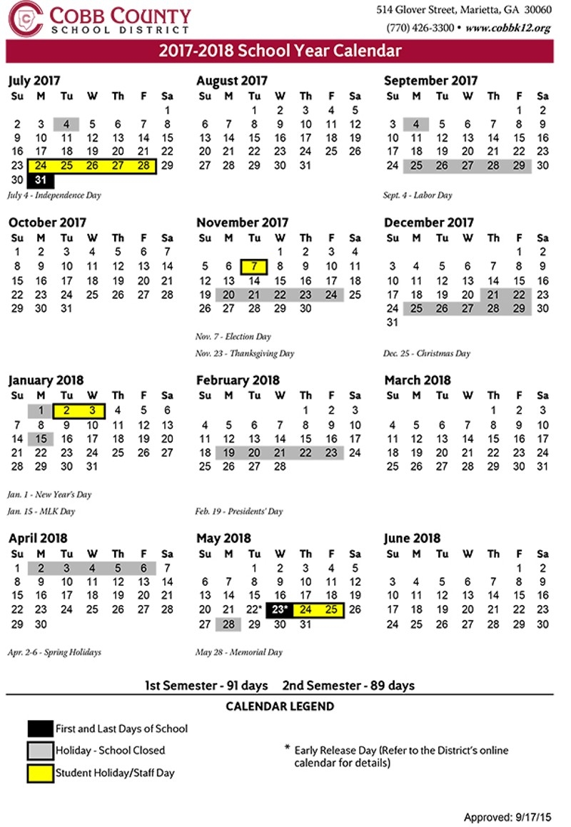 Cobb County School Calendar 2017 2018 Bazga