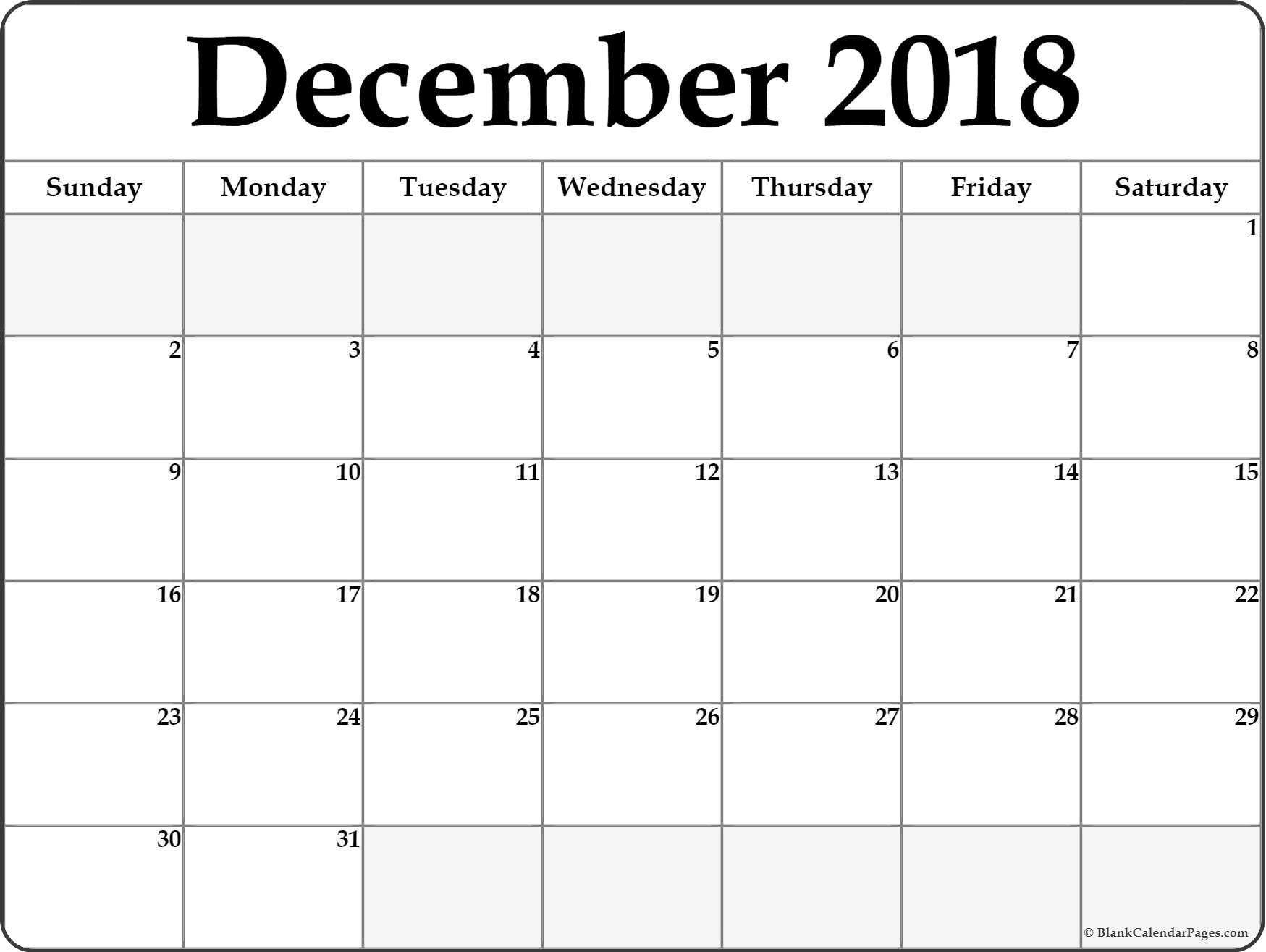 December 2018 Blank Calendar December 2018 Calendar Printable