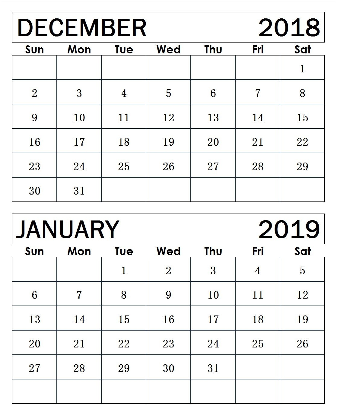 December 2018 January 2019 Calendar Printable 