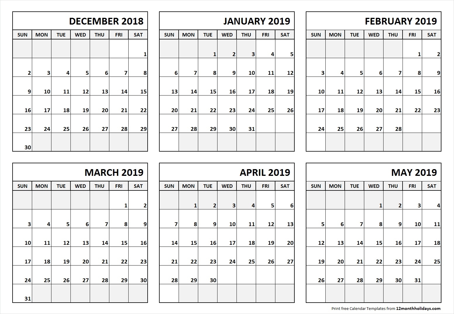 December 2018 To May 2019 Calendar Template 6 Month Calendar 