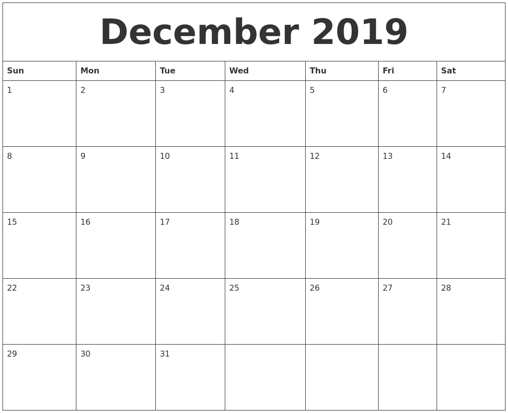 December 2019 Blank Calendar To Print 