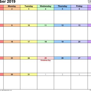 December 2019 Calendars For Word Excel Pdf