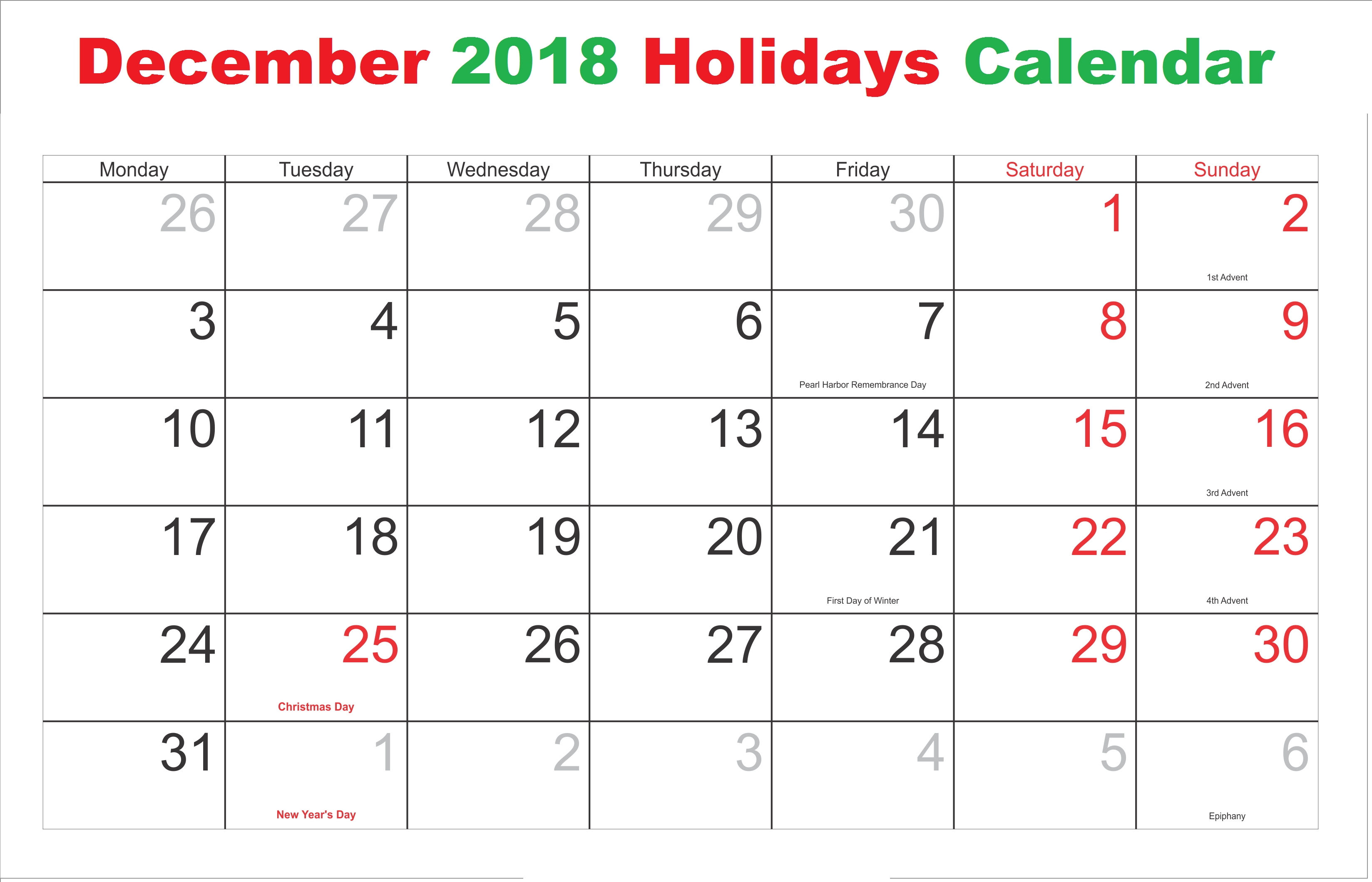 December Calendar 2018 Holidays Notes Printable Calendar December 