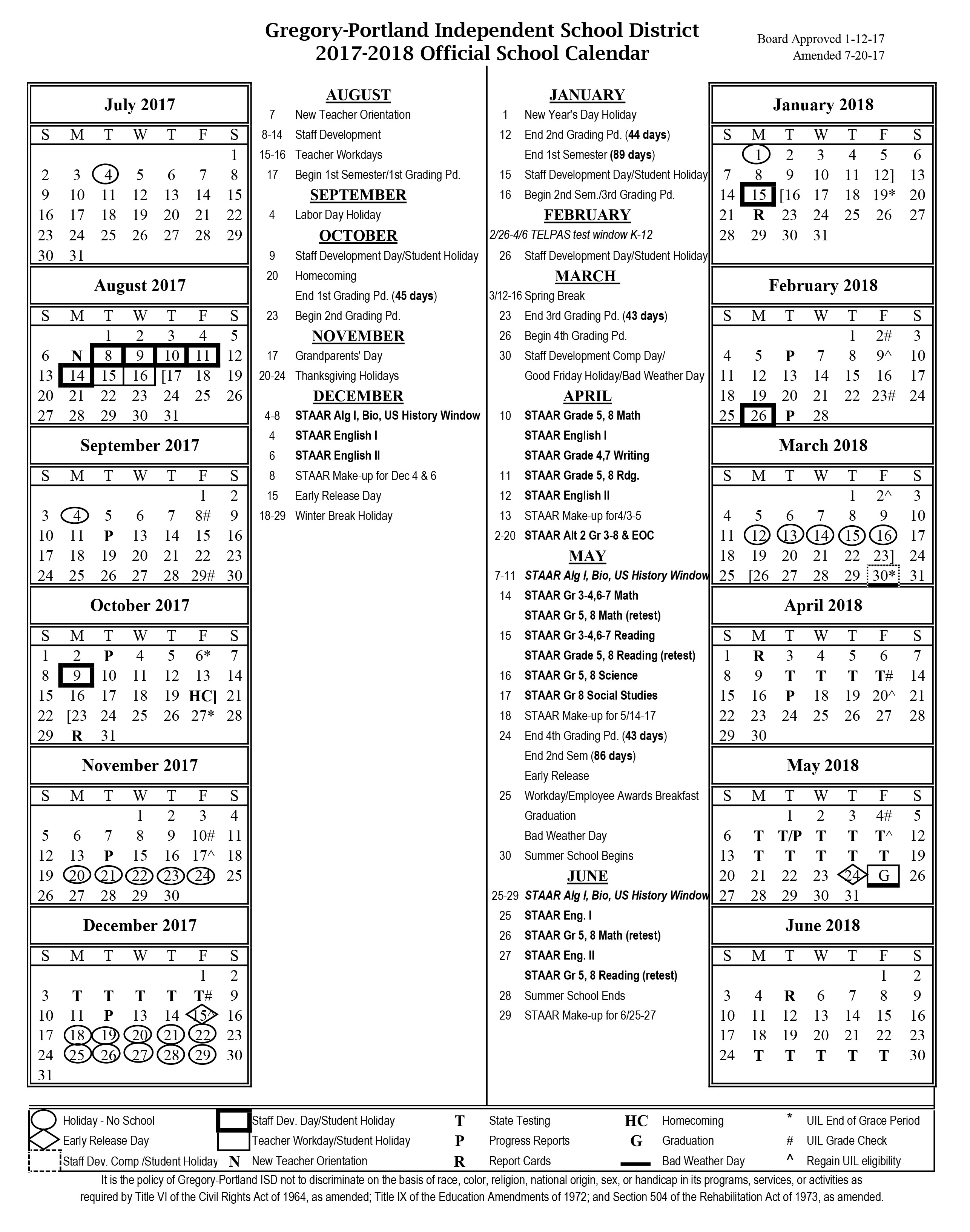 District Calendar 2017 18 Gregory Portland Independent School