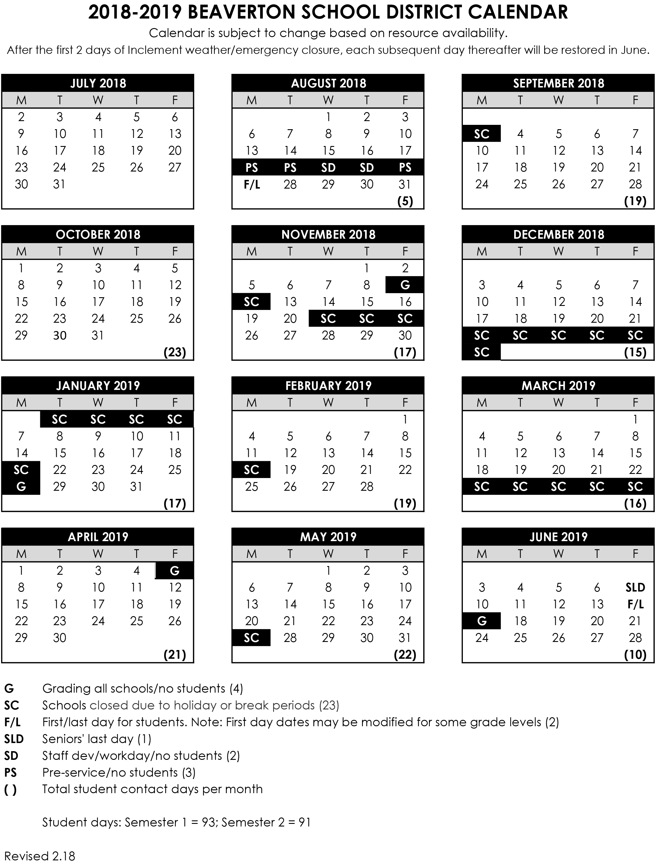 District Calendar 2018 19 