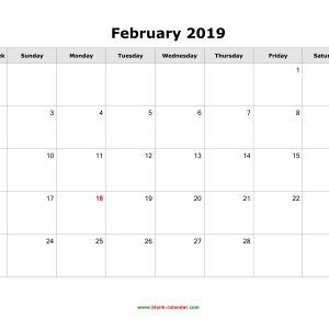 Download February 2019 Blank Calendar Horizontal