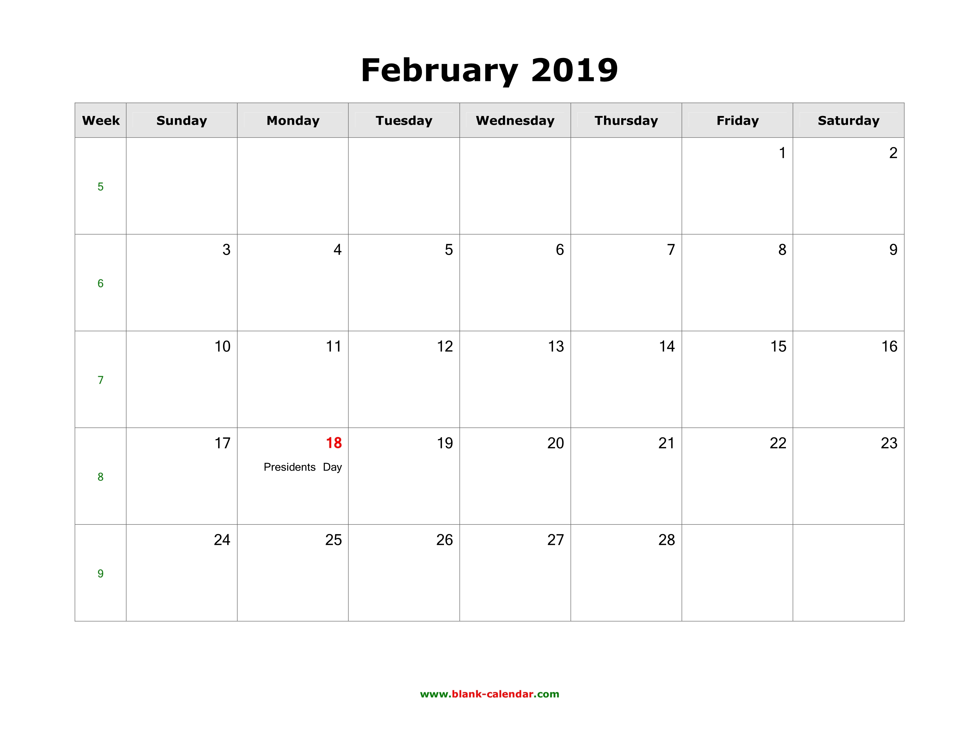 Download February 2019 Blank Calendar With Us Holidays Horizontal